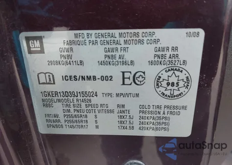 2009 GMC Acadia Sle-1 from USA, damaged, VIN 1GKER13D39J155024